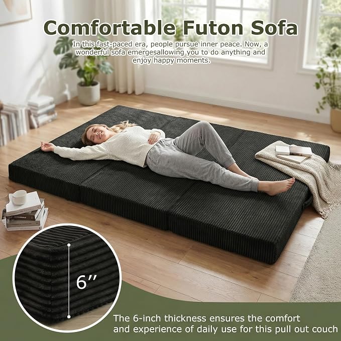 5-in-1 Convertible Sofa Bed, Boneless Couch Loveseat with Removable Cushions & Washable Cover, Futon Sofa Bed with Handle, Pull Out Couch for Small Spaces, Queen Size, Black