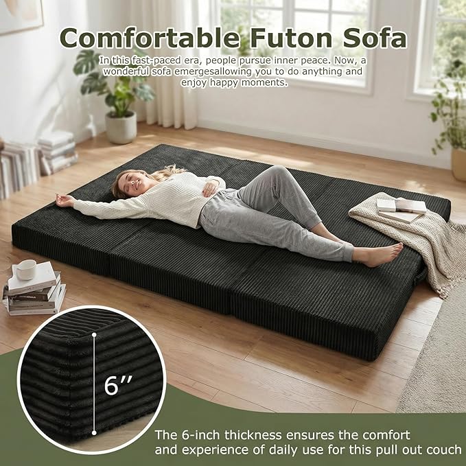 5-in-1 Convertible Sofa Bed, Boneless Loveseat with Removable Cushions & Washable Cover, Futon Sofa Bed with Handle, Pull Out Couch for Small Spaces, King Size, Black