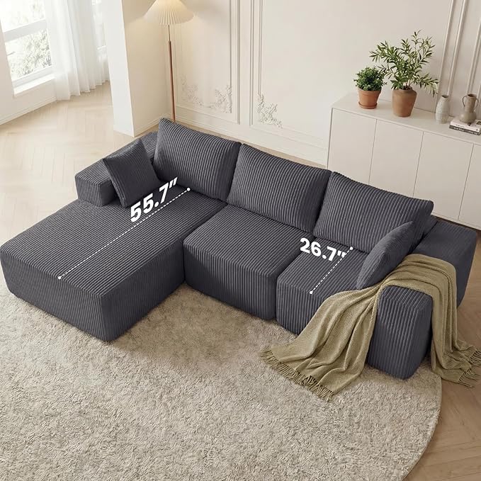 DUMOS 108" L-Shaped Sectional Boneless Couch for Living Room, Upholstered Corduroy Sofa with Deep Seat for Small Apartment, Bedroom, No Assembly in a Box, Left Facing Chaise, Grey