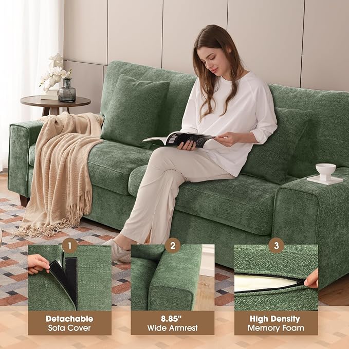 DOPEDIO Modern Loveseat Sofa for Living Room,Chenille Recliner, Removable Cover, Pocket Spring Cushions, Solid Wood Frame, Easy Assembly for Small Spaces (71.25inch，Green)