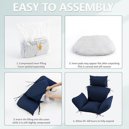Egg Chair Cushion with 8 Securing Straps, Water-Repellent & Fade-Resistant Faux Linen, Removable Cover, Replacement Cushion for Most Single Outdoor Hanging Swing Egg Chairs – Navy