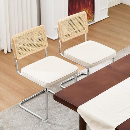 Zesthouse Natural Rattan Dining Chairs Set of 4, Mid Century Modern Dining Chairs with Solid Wood Back & Chrome Base, for Kitchen Living Room, Breuer Design Inspired, Upholstered Linen Fabric, Beige