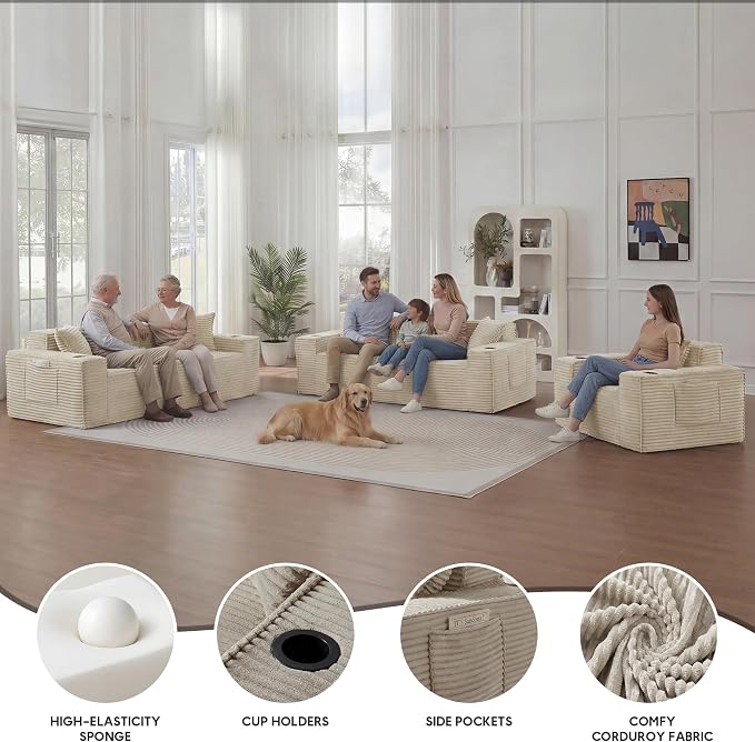 Boneless Sectional Sofa 3 Piece Set with Cup Holders & Side Pockets, Modern Corduroy Fabric Deep Seat Cloud Couch Living Room, Office, No Assembly (Camel)