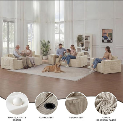 Boneless Sectional Sofa 3 Piece Set with Cup Holders & Side Pockets, Modern Corduroy Fabric Deep Seat Cloud Couch Living Room, Office, No Assembly (Camel)