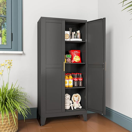 winiowa Metal Pantry Cabinet with 2 Doors and Adjustable Shelves, Kitchen Storage cabinets with Gold Handles, Versatile Storage for Laundry Room,Living Room,Bathroom,Dinning Room-Black