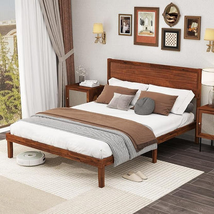 KOMFOTT Queen Size Wood Bed Frame with Headboard, Solid Acacia Wood Platform Bed Frame, Wooden Slats Supported Bed Base with Under-Bed Storage Space, No Box Spring Needed, Wood Queen Bed (Brown,Queen)