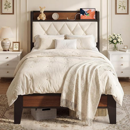 ANCTOR Twin XL Bed Frame, Storage Headboard with Charging Station, Platform Bed Frame with Strong Metal Support, Sturdy and Stable, Noise Free, No Box Spring Needed, Easy Assembly, Walnut