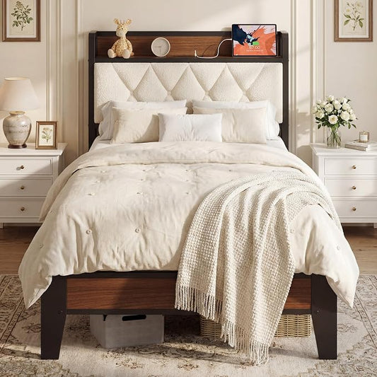 ANCTOR Twin XL Bed Frame, Storage Headboard with Charging Station, Platform Bed Frame with Strong Metal Support, Sturdy and Stable, Noise Free, No Box Spring Needed, Easy Assembly, Walnut