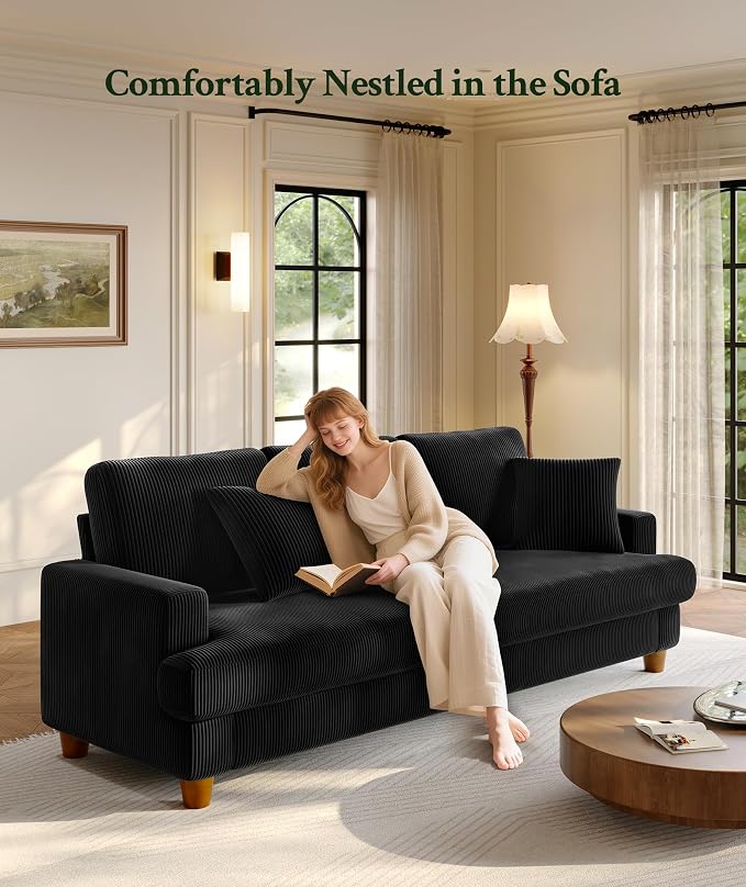 Welzona 87.2" Couches for Living Room, Comfy Black Couch 7.5" Extra Thick Cushion, Sofas for Living Room Tool-Free Setup, Loveseat Sofa 848lbs Support, Corduroy Couch for Bedroom, Apartment, Office