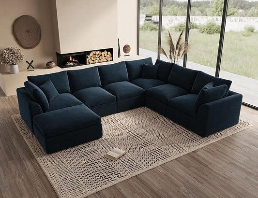 ohllob Oversized Cloud Couches for Living Room, Boneless Sectional Couch with Ottoman, 7 Seater Large Modular Sectional Sofa, Dark Blue