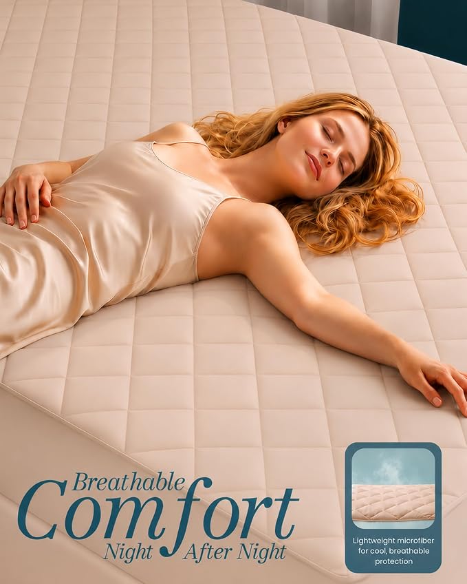 Quilted Fitted Mattress Pad, Twin Mattress Protector Topper with Deep Pocket Stretches up to 16 Inches, Machine Washable Mattress Cover by Utopia Bedding (Beige)