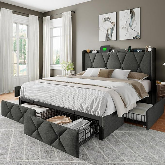 Feonase Full Size Bed Frame with 4 Storage Drawers, Upholstered Platform Bed with Charging Station, Wingback Storage Headboard, Wooden Slats Support, No Box Spring Needed, Easy Assembly, Dark Grey