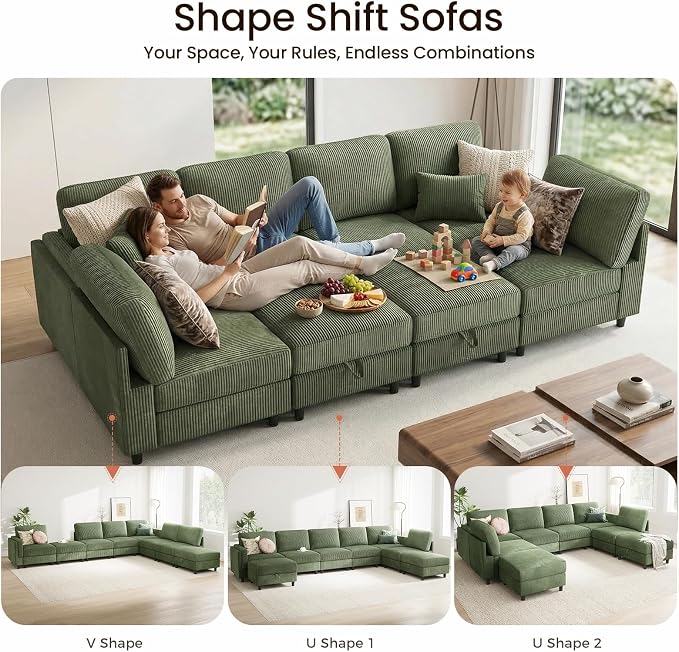 KKL Modular 8 Seater 108 Inch Sofa Bed - 2 * 4 Sectional Sleeper Sofabed with Storage Ottoman, Convertible L/U Shaped Sleeper Couch for Living Room, Modern Reversible Design, Green