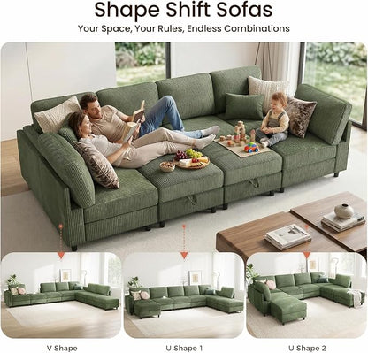 KKL Modular 8 Seater 108 Inch Sofa Bed - 2 * 4 Sectional Sleeper Sofabed with Storage Ottoman, Convertible L/U Shaped Sleeper Couch for Living Room, Modern Reversible Design, Green