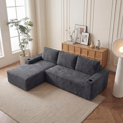 104" L Shaped Boneless Sectional Couches for Living Room, Comfy Corduroy Floor Cloud Sofa with Chaise and Cup Holder, Wide Armrest, Deep Seat, Assembly Free, Ideal for Small Spaces, Grey