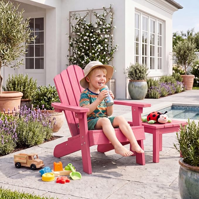 Giantex Kids Adirondack Chair, All-Weather HIPS Children's Outdoor Chair with Tilted High Backrest, Toddler Beach Chair for Garden Patio Backyard, Kids Lawn Chairs for Age 3-7 (2,Pink)