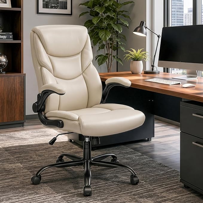 Sweetcrispy Ergonomic Computer Gaming Office Chair Set of 2, Heavy Duty Task Desk Swivel Rolling Chairs with Wheels, Flip-up Arms, Adjustable Height, PU Leather,Cream White