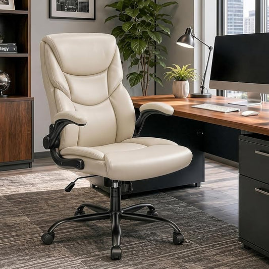 Sweetcrispy Ergonomic Computer Gaming Office Chair Set of 2, Heavy Duty Task Desk Swivel Rolling Chairs with Wheels, Flip-up Arms, Adjustable Height, PU Leather,Cream White