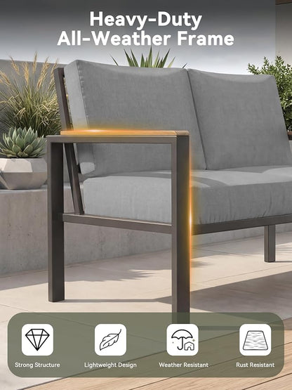 4-Piece Patio Furniture Set with Coffee Table & Removable Washable Cushions, All-Weather Metal Frame and Wood-Like Armrests for Porch, Garden, Balcony,Grey