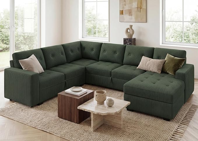 HONBAY Modular Sectional Sleeper Sofa with Pull Out Bed, U Shaped Sleeper Couches with Storage Chaise, 114'' Sleeper Sectional Sofas for Living Room, Apartment (Velvet Green)