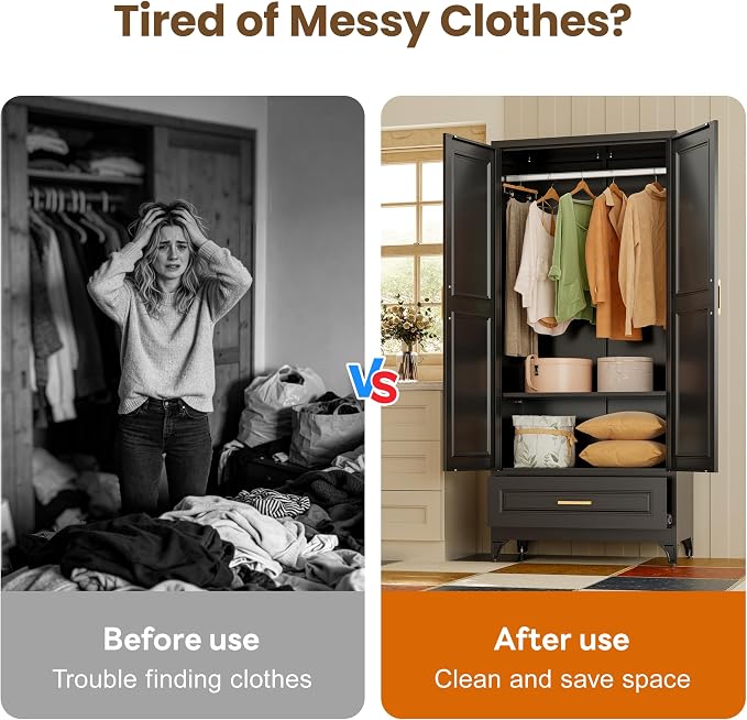 Metal Wardrobe Cabinets with Drawers,Black Armoire Wardrobe Closet with Hanging Rod,Clothes Storage Cabinet with Adjustable Shelves and Doors,Clothing Cabinet for Bedroom,Laundry Room