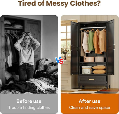 Metal Wardrobe Cabinets with Drawers,Black Armoire Wardrobe Closet with Hanging Rod,Clothes Storage Cabinet with Adjustable Shelves and Doors,Clothing Cabinet for Bedroom,Laundry Room
