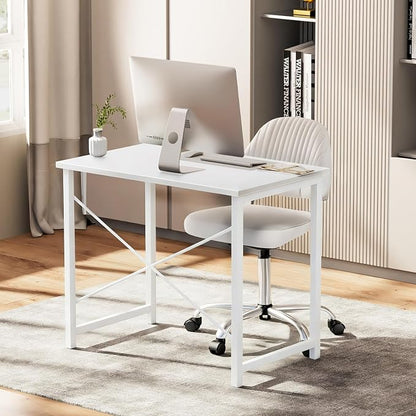 Sweetcrispy 32 Inch Small Computer Desk, Home Office Desk, Small Study Workstation for Bedroom, Study Table with X-Shaped, Modern Simple Gaming Table, White