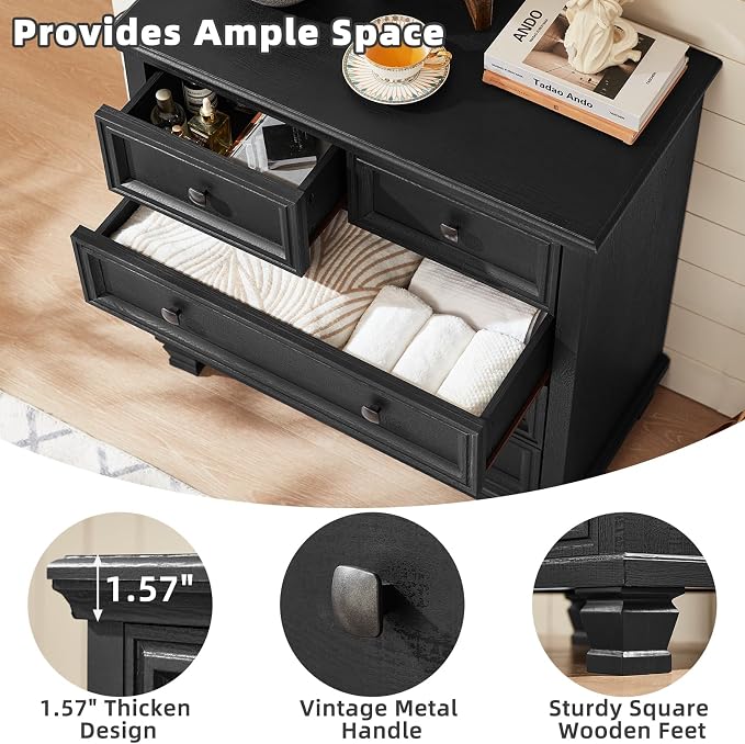 SAVOR LIFE Farmhouse Dresser and Nightstand Sets of 3, 5 Drawer Dresser & 2 Drawer Nightstand, Rustic Black Bedroom Furniture Set for Home, Bedroom, Hallway, Black