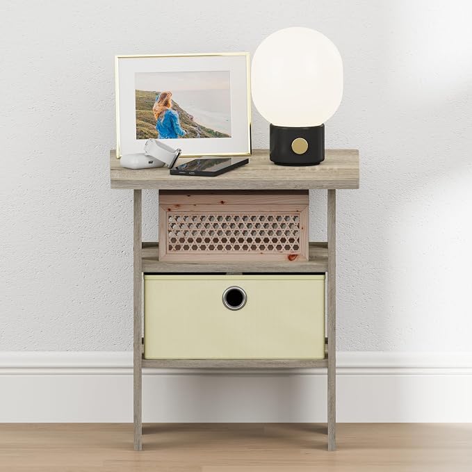 Furinno TIDUR 3-Tier Night Stand, Nightstand with Storage Bin, Sonoma Oak | Open Shelf Design, Bedside Table, End Table, Side Table for Bedroom, Living Room
