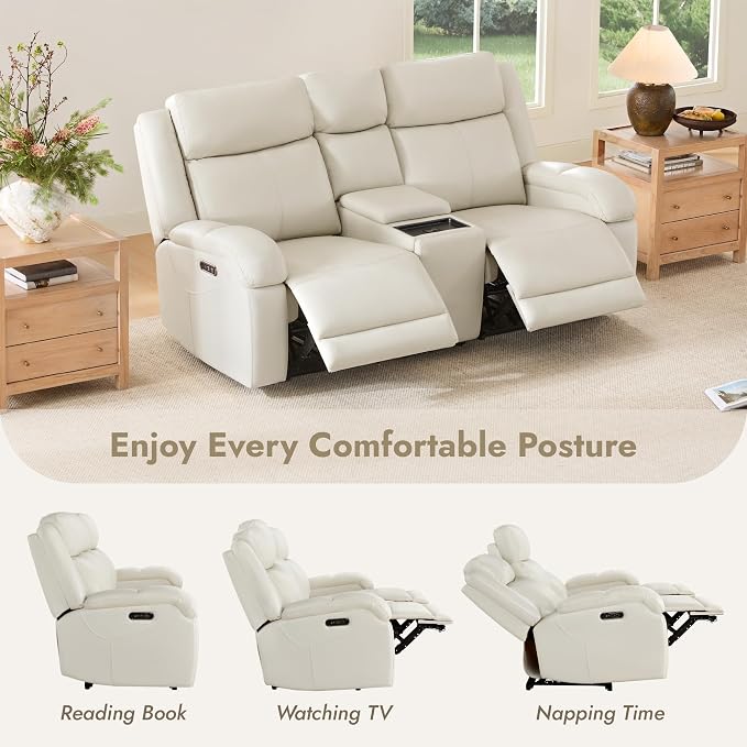 Watson & Whitely Power Reclining Sofa and Loveseat Sets, Genuine Leather Sofa Recliner Couch Set with Power Headrest, Storage Console, USB Ports, Cup Holders, Living Room Furniture Set, Cream