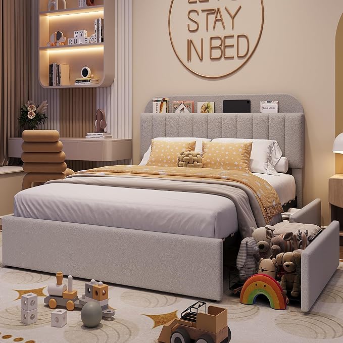 IDEALHOUSE Full Bed Frame with 2 Flexible Drawers and Bookcase Headboard, Boucle Upholstered Platform Bed for Boys/Girls, Noise-Free, Easy Assembly, No Box Spring Needed, Gray