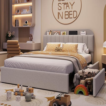 IDEALHOUSE Full Bed Frame with 2 Flexible Drawers and Bookcase Headboard, Boucle Upholstered Platform Bed for Boys/Girls, Noise-Free, Easy Assembly, No Box Spring Needed, Gray