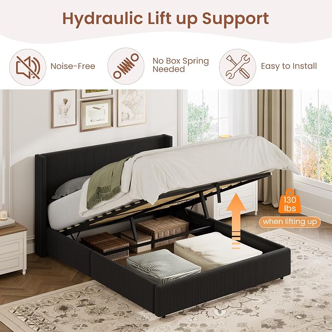 Garvee Full Lift Up Storage Bed Frame, Corduroy Upholstered Platform Bed with Gas Lift, Padded Headboard, Wooden Slat Support, No Box Spring Needed, Easy Assembly, Black