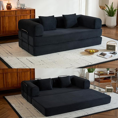 ZEIINPA Convertible Sleeper Sofa Bed with Fixed-Shape Frame, Corduroy Folding Boneless Couch with Cylindrical Pillow, Comfy Floor Sofa Couch for Living Room, No Assembly Required, Black