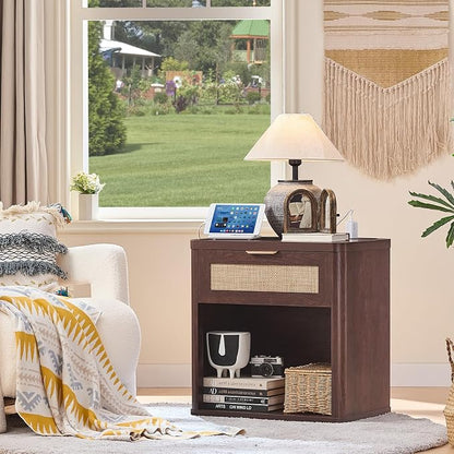 LEYAOYAO Rattan Nightstands Set of 2 with Charging Station, Walnut Night Stand with Drawer, 23" Wide Boho Bedside Table with Storage Shelf, Bed Side End Tables for Bedroom, Living Room, Hallway