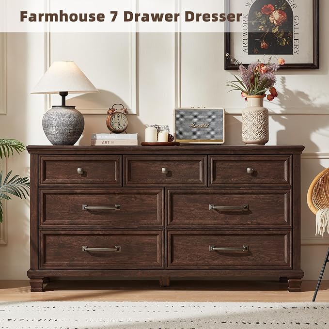 SAVOR LIFE Farmhouse Dresser and Nightstand Sets 4 Piece, 5/7 Drawer Dresser & 2 Drawer Nightstand Set, Rustic Wood Bedroom Furniture Set for Home, Bedroom, Hallway, Walnut