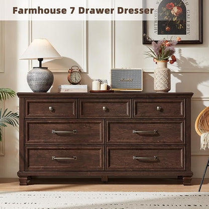 SAVOR LIFE Farmhouse Dresser and Nightstand Sets 4 Piece, 5/7 Drawer Dresser & 2 Drawer Nightstand Set, Rustic Wood Bedroom Furniture Set for Home, Bedroom, Hallway, Walnut