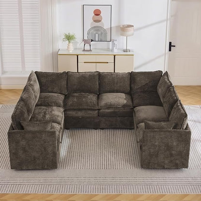 105" Brown Oversized Modular Storage Sofa, U Shaped Chenille Cloud Couch | Oversized Convertible Sectional Sofa, 8-Seat Sectional Couch With Armrests, Large Cloud Couch For Living Room, Apartment.