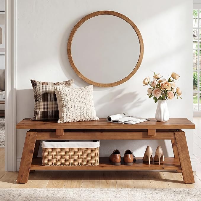 Solid Wood Bench, 55" Farmhouse Entryway Bench with Shoe Storage | End of Bed Bench Shoe Bench Seat for Entrance Hallway Bedroom Living Room, 350 lb Capacity, Scratch Resistant, Natural Brown