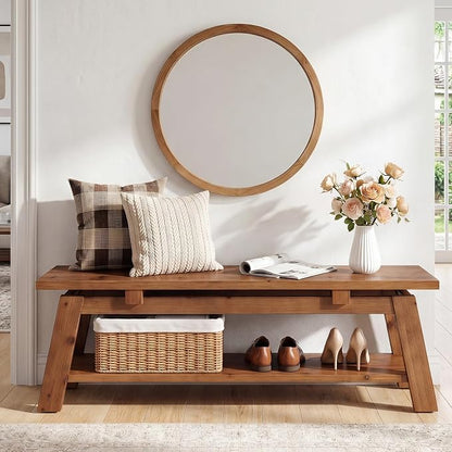 Solid Wood Bench, 55" Farmhouse Entryway Bench with Shoe Storage | End of Bed Bench Shoe Bench Seat for Entrance Hallway Bedroom Living Room, 350 lb Capacity, Scratch Resistant, Natural Brown