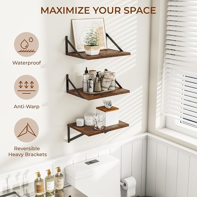 Deep Floating Shelves for Wall, 12 Inch Deep Floating Shelves Set of 3, 16W x 12D Wood Wall Shelves, Wide Wood Shelves with Metal Bracket for Living Room, Kitchen, Office, Bedroom - Rustic Brown