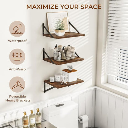 Deep Floating Shelves for Wall, 12 Inch Deep Floating Shelves Set of 3, 16W x 12D Wood Wall Shelves, Wide Wood Shelves with Metal Bracket for Living Room, Kitchen, Office, Bedroom - Rustic Brown