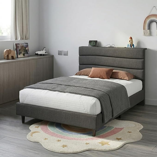 EnHomee Twin Size Bed Frame with Upholstered Headboard,Charging Station,No Box Spring Needed,Easy Assembly,Noise-Free,for Boys,Teens,Grey