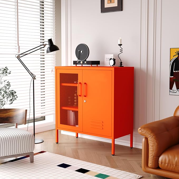 Locking Steel Storage Cabinet Shoe Cabinet for Living Room Bathroom Kitchen Left Wire Mesh Door Right Iron Door Orange Size：33" H x 29.5" W x 13.8" D