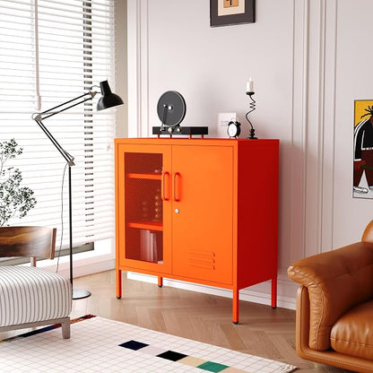 Locking Steel Storage Cabinet Shoe Cabinet for Living Room Bathroom Kitchen Left Wire Mesh Door Right Iron Door Orange Size：33" H x 29.5" W x 13.8" D