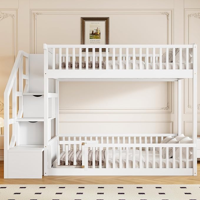 Full Over Full Floor Bunk Bed with Storage Ladder and Guardrails,for Kids Teens Adults (White#FF, Full Over Full)