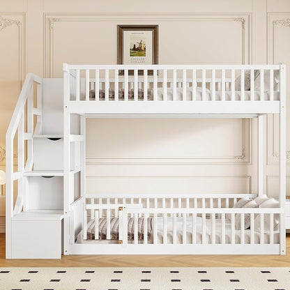 Full Over Full Floor Bunk Bed with Storage Ladder and Guardrails,for Kids Teens Adults (White#FF, Full Over Full)