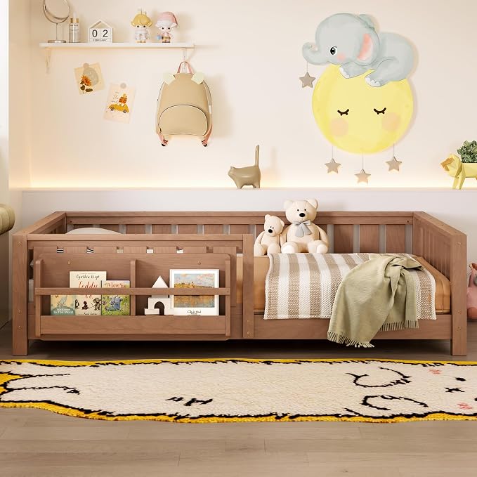 Bellemave Natural Montessori Floor Bed with Fence and Slats, Full Size Montessori Floor Bed with Bookcase and High Rails, Easy Assemble Bed Frame for Girls, Boys, Full