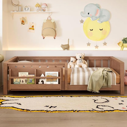 Bellemave Natural Montessori Floor Bed with Fence and Slats, Full Size Montessori Floor Bed with Bookcase and High Rails, Easy Assemble Bed Frame for Girls, Boys, Full