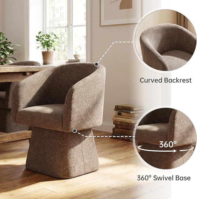 VKNOW Upholstered Swivel Dining Chairs Set of 2, Modern Dining Room Chairs with Barrel Back, Accent Arm Chair for Dining Room, Living Room, Bedroom, Vanity, Dark Brown